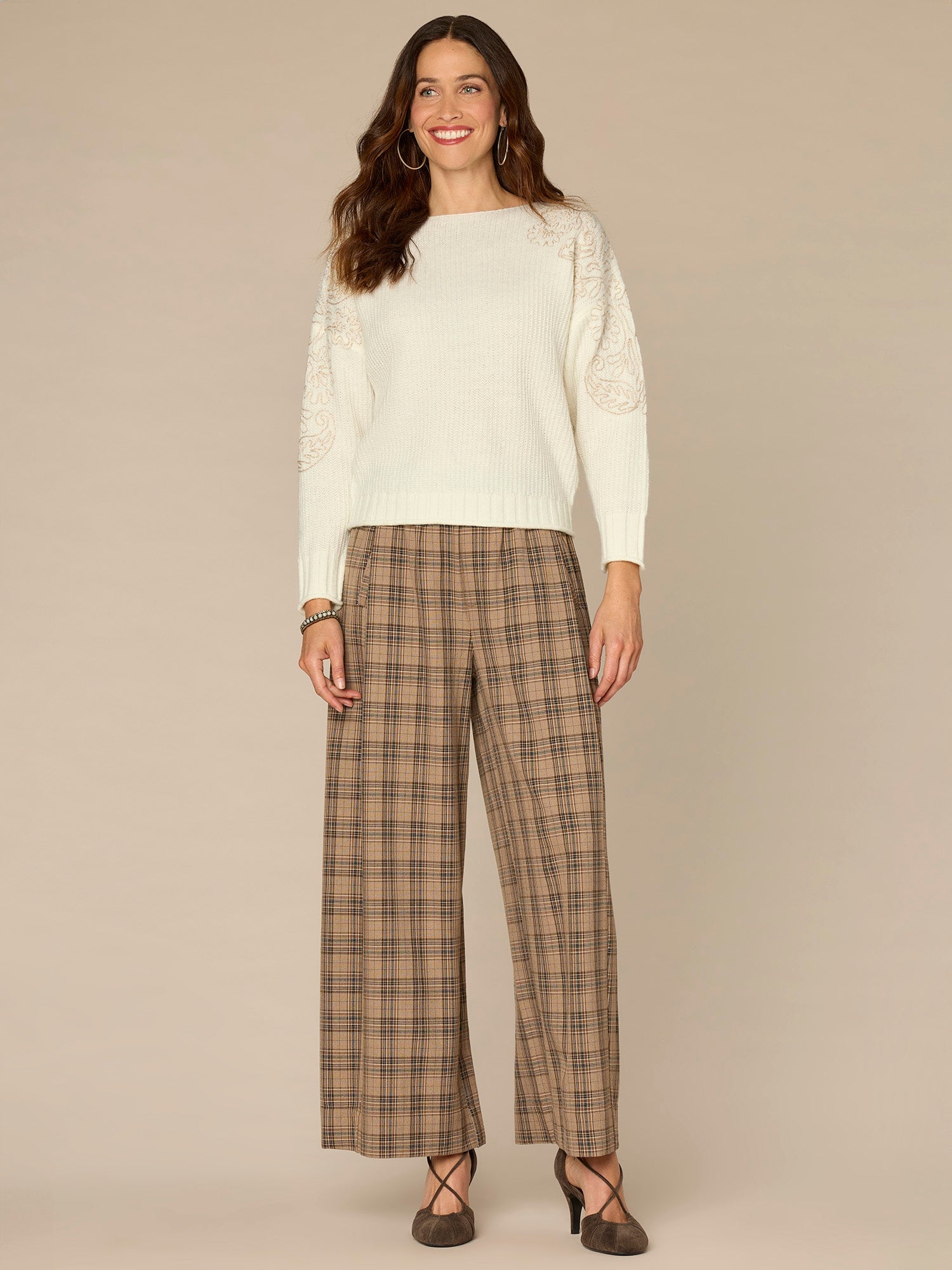 Long Sleeve Boat Neck Embroidered Shoulder Pull Over Sweater