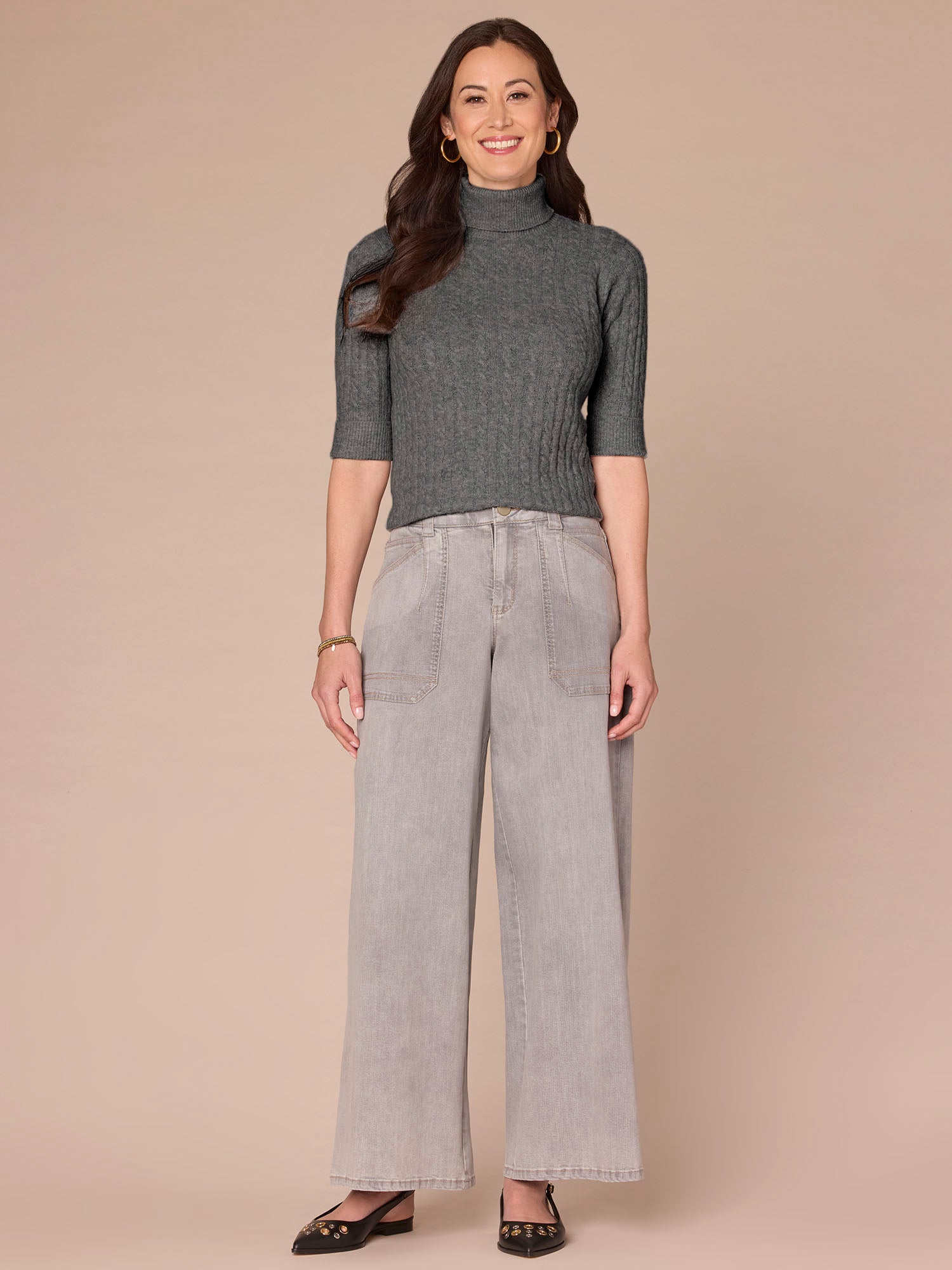 Cuffed Elbow Sleeve Turtle Neck Cable Stitch Mix Sweater