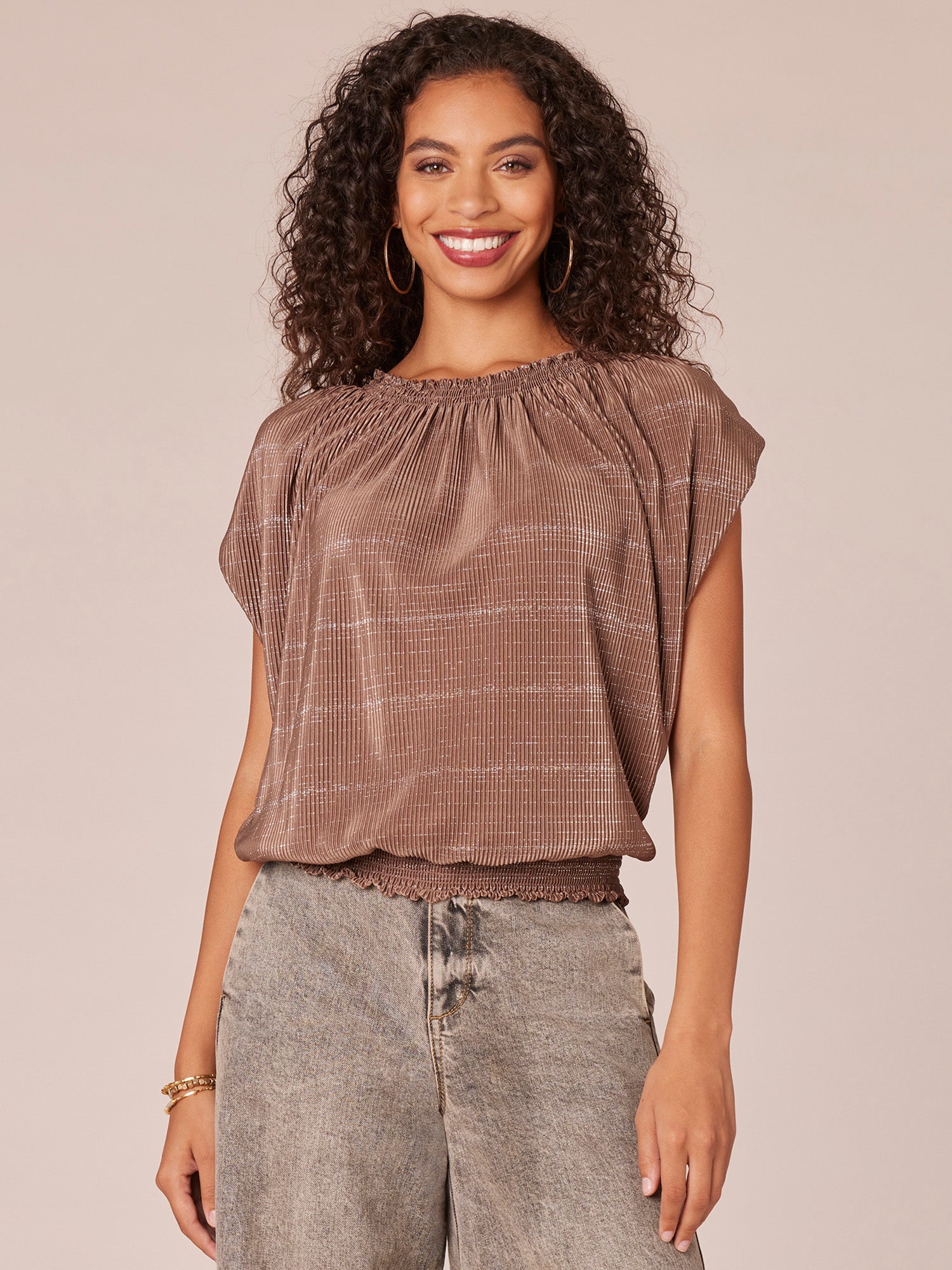 Extended Cap Sleeve Smock Crew Neck Striped Foil Bodre Knit Top