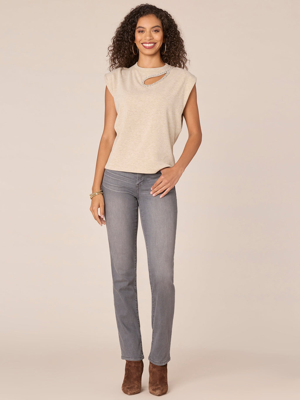 Extended Cap Sleeve Crew Neck Knit Top with Rhinestone Cut Out