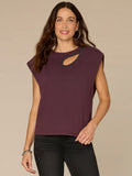 Extended Cap Sleeve Crew Neck Knit Top with Rhinestone Cut Out