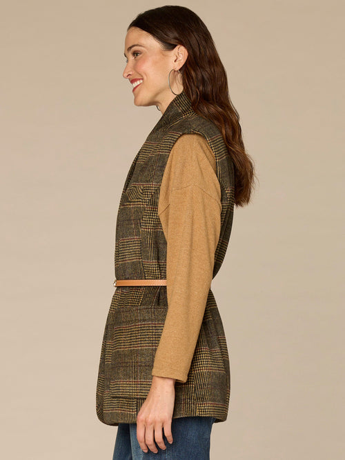 Cap Sleeve Stand Collar Button Front Elongated Woven Vest with Belt