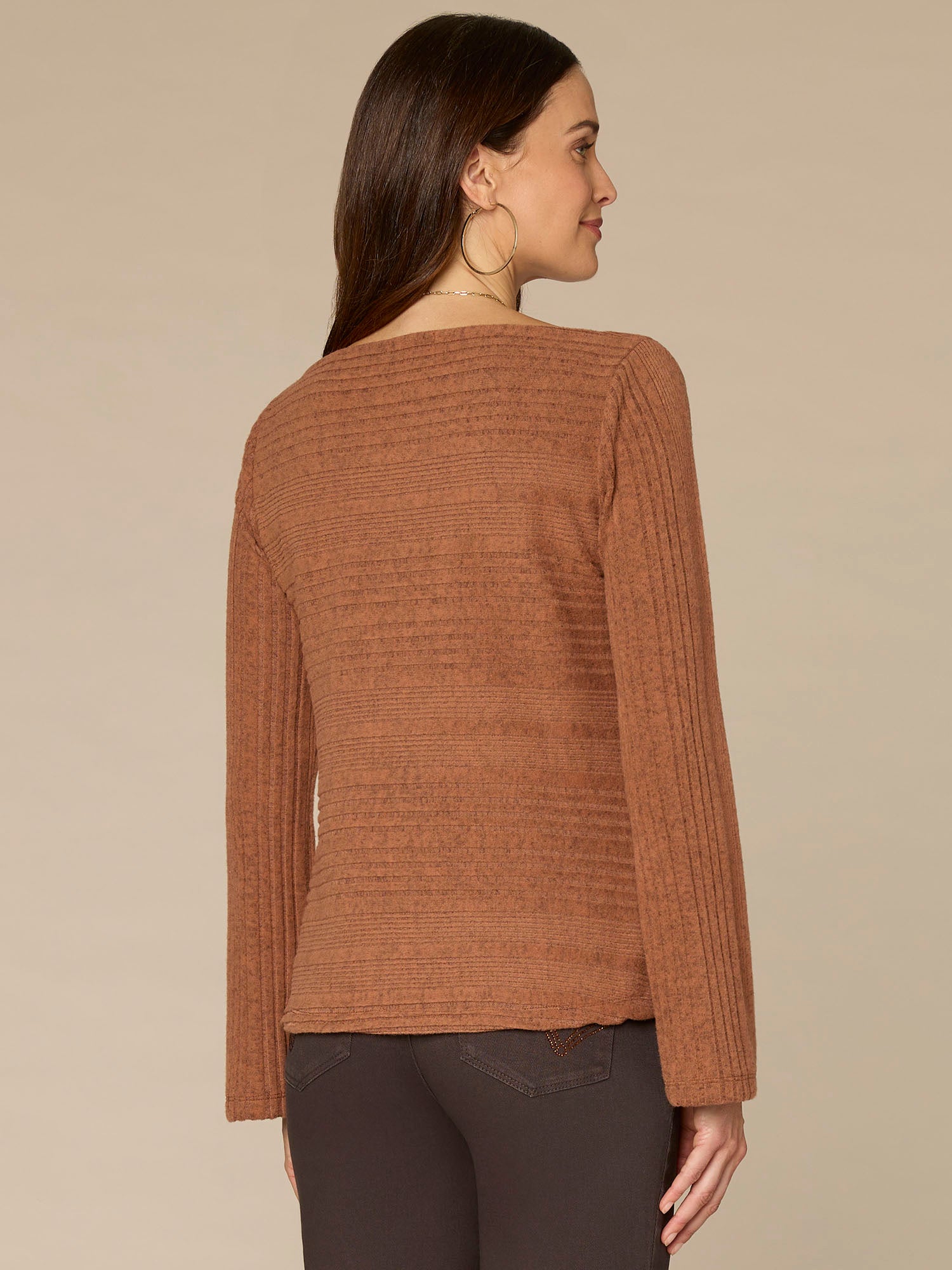 Long Sleeve Drapey Boat Neck Shirttail Hem Knit Top