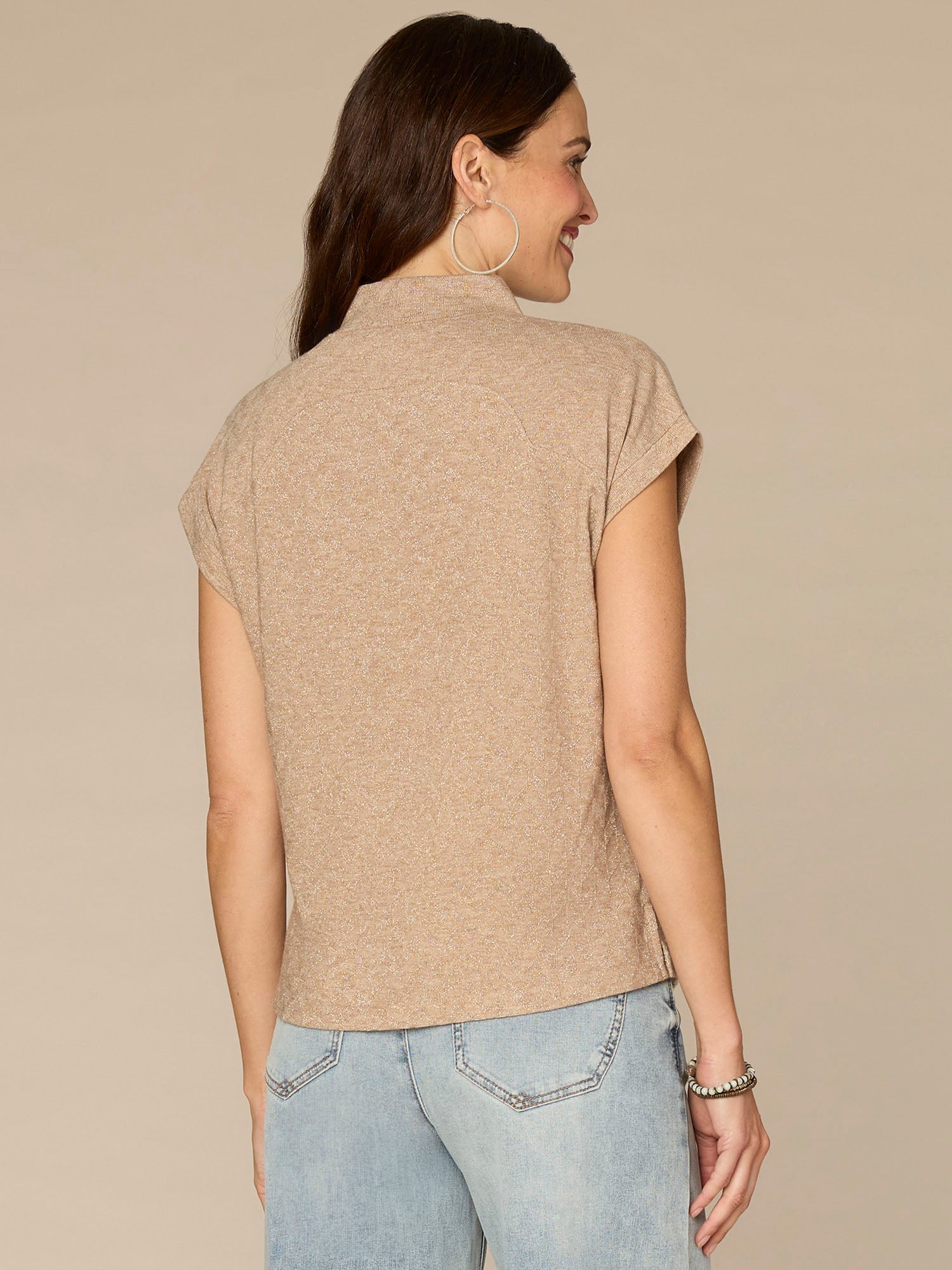 Extended Cap Sleeve Mock Neck Slit Hem Mixed Media Knit Top